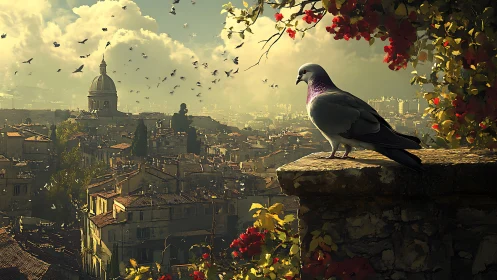 Pigeon overlooks sunlit domed city under golden sky.