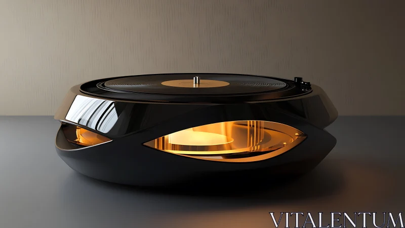 Sleek modern record player glows warmly with golden light