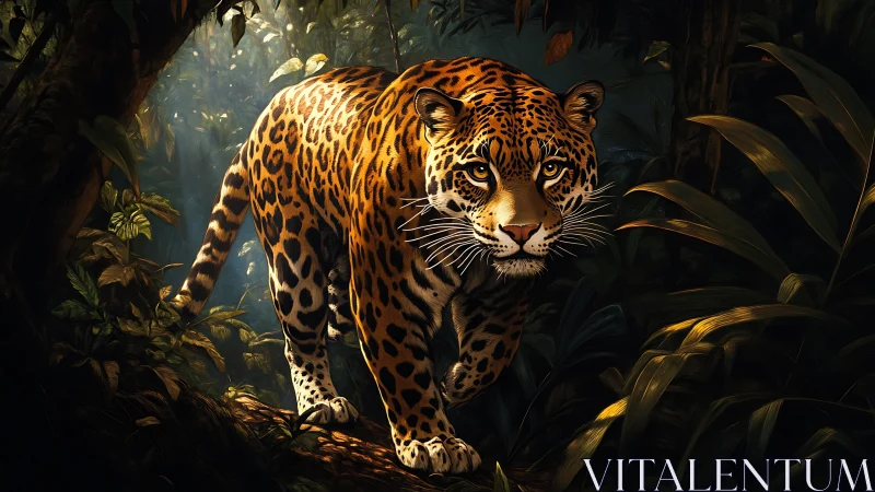 Majestic Leopard Prowling Through Misty Jungle Shadows.