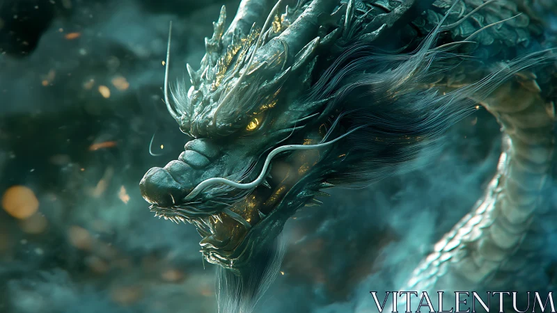 Mystic emerald dragon rising through swirling silver mist.