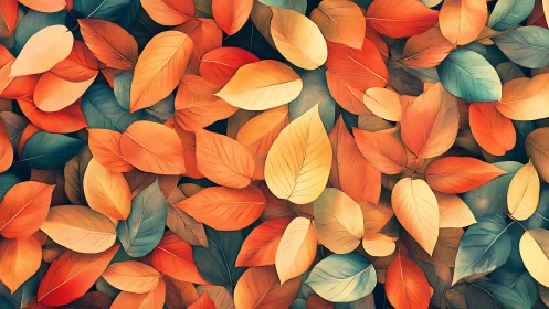Layered autumn leaves in warm orange and teal harmony.