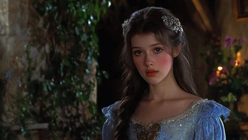 Young noblewoman in blue gown under warm candlelight