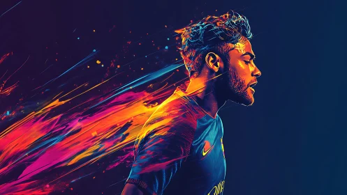 Dynamic neon soccer portrait captures explosive motion.