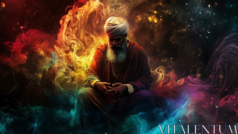 Serene mystic resting in a swirling ocean of cosmic color.