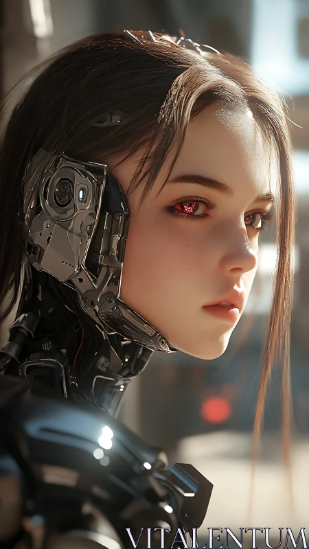 Quiet sunrise moment with a reflective young cyborg girl.