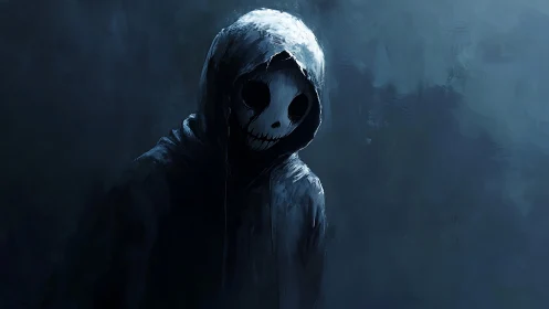 Midnight hooded wraith grins quietly through painted gloom