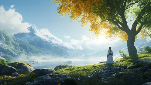 Solitary figure under tree facing misty mountain lake.