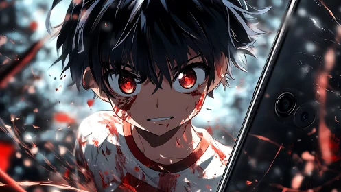 Bloodlit gamer stare shatters the screen between worlds.