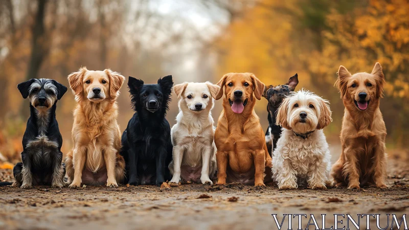 Lineup of mixed-breed dogs on autumn forest path, frontal view