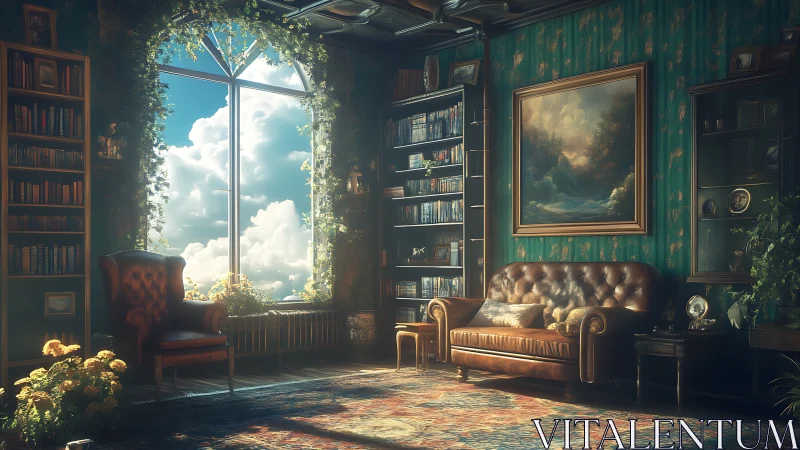 Sunlit vintage library lounge opens onto dreamy sky view.