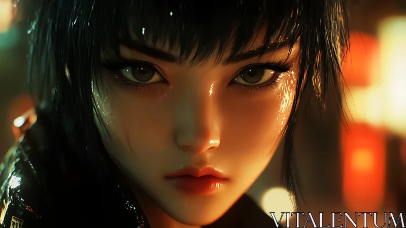 Neon rain tattoos resolve on a cyberpunk heroine’s gaze