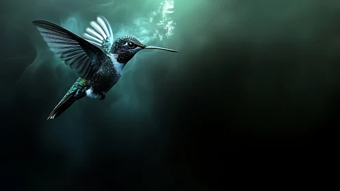 Hummingbird in side profile against dark teal background.