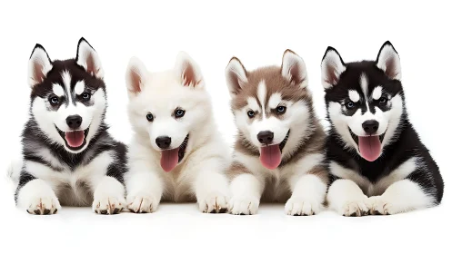 Four husky pups in a fluffy tongue-out puppy parade.