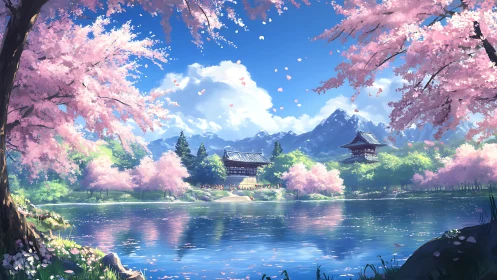 Serene lakeside temple framed by luminous cherry blossoms