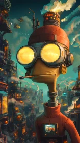 Steam-driven android with luminous goggles surveys neon megacity