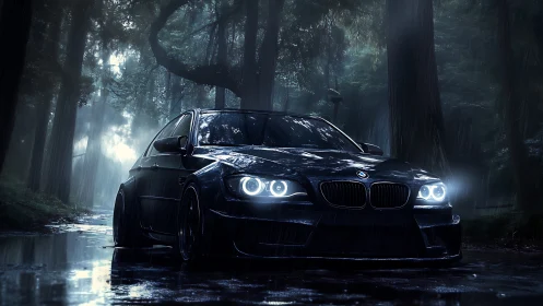Black sedan with headlights on in wet forest roadway scene.