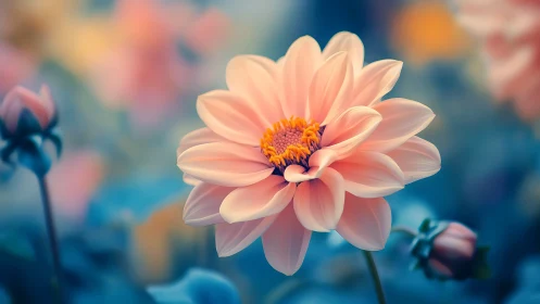 Peachy Dahlia Radiance: Nature's Luminous Crown Against Azure Reverie