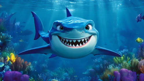 Cartoon shark swimming in colorful coral reef scene.