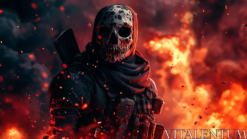 Masked combat figure stands before dense explosive fire plume