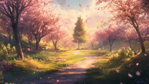 Sunlit stone path curves through dense cherry blossom corridor