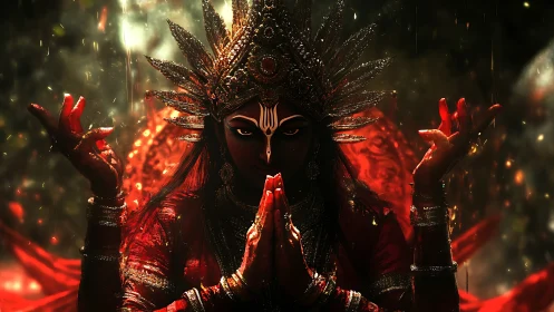 Radiant goddess in crimson light invites quiet, powerful awe