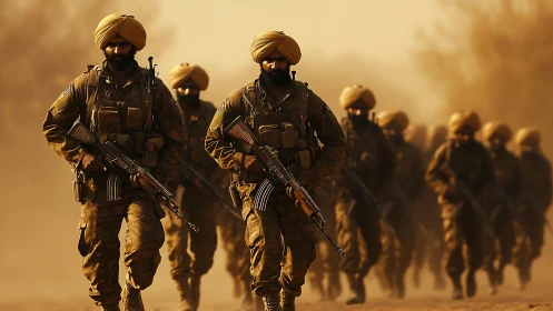 Turbaned soldiers advancing through sunlit desert haze.
