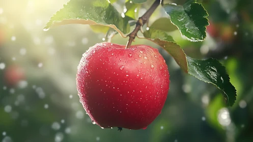 Red apple on branch with water droplets after rainfall.