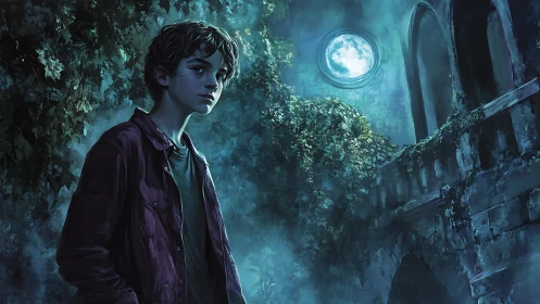 Moonlit boy wandering through ivy-choked ruined courtyard.