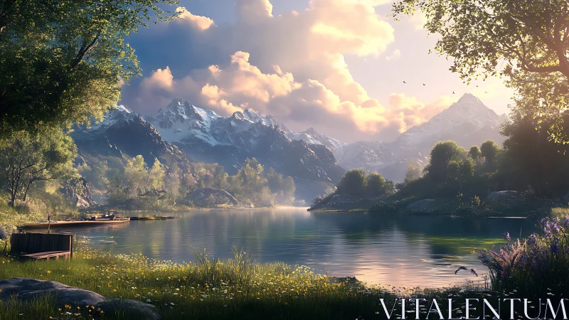 Mountain lake landscape with dock, trees, and soft light.