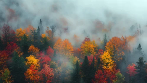 Autumn Forest Landscape with Fog and Layered Canopy