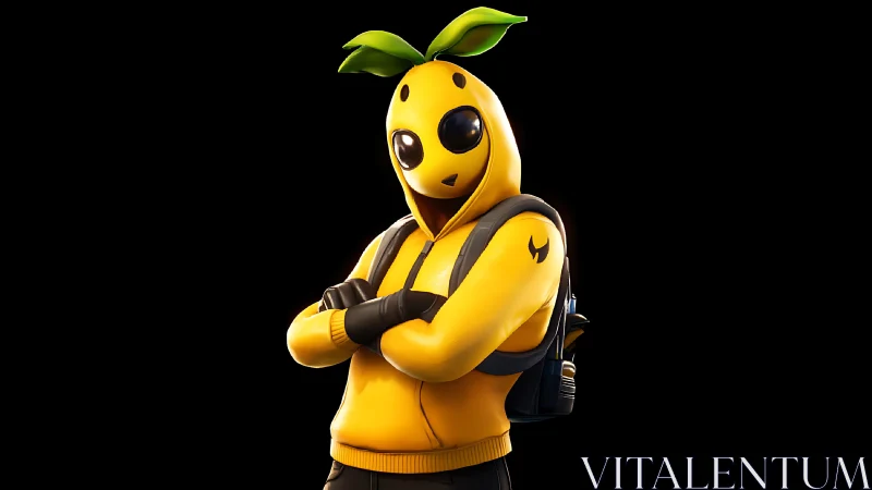 Yellow hoodie fruit hero character on black background.