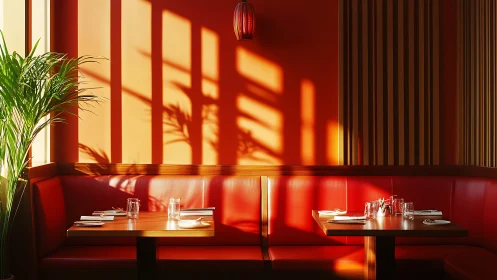 Sunlit red restaurant booths with glassware and shadows.