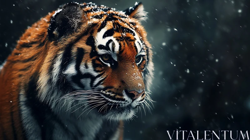 Snow-dusted tiger gaze in moody shallow-focus portrait.