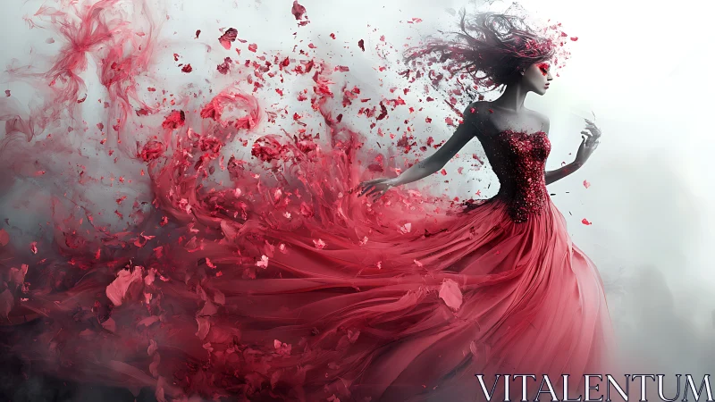 Ethereal woman in crimson dress dissolves into swirling petals