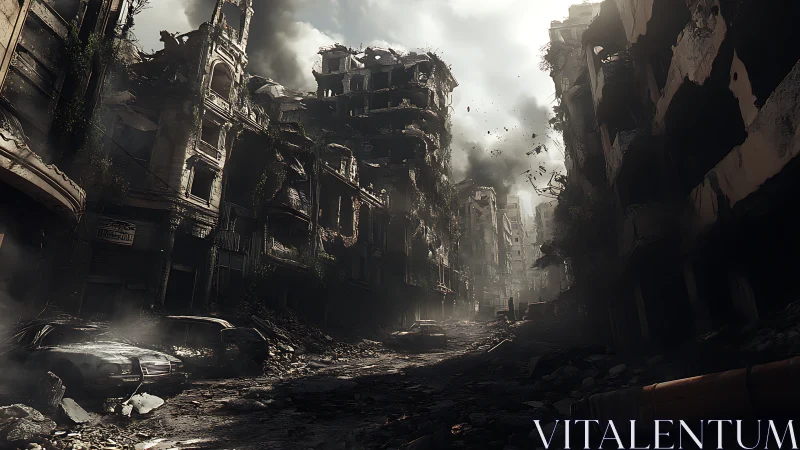 Shattered city corridor under drifting smoke and ruin.