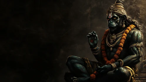 Serene simian deity in marigold garlands, carved from dusk.