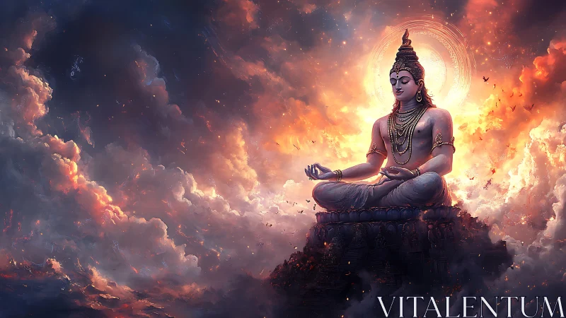 Radiant meditative deity seated above fiery celestial clouds.