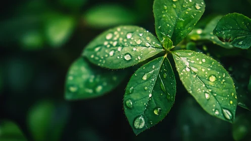 Rain-dotted green leaves capture morning light sharply