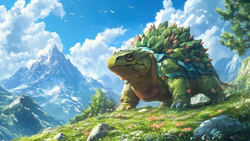Leaf-covered turtle creature stands in bright alpine meadow