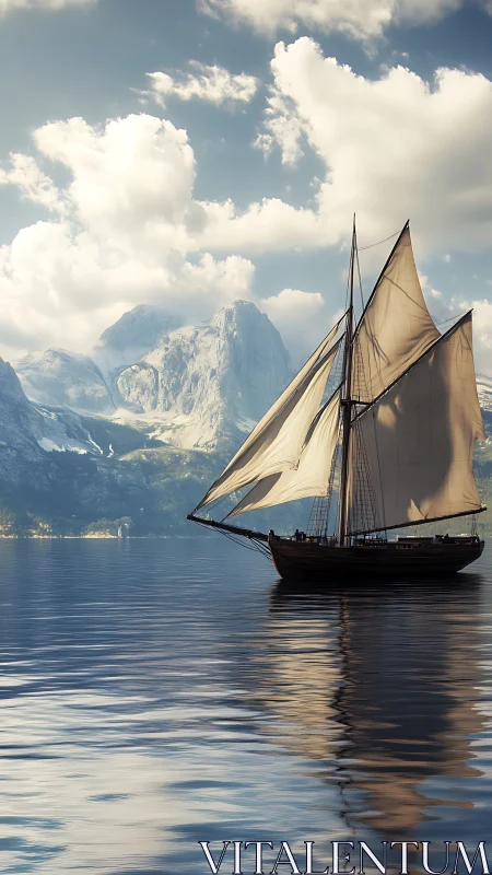 Soft-sailed schooner drifting beneath humbling mountain skies.