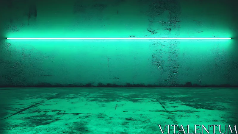 Neon tube glows over distressed green concrete studio wall