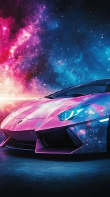 Neon galaxy supercar glows beneath a vivid cosmic sky.