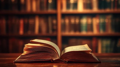 Open hardcover book rests on wooden table in warm library
