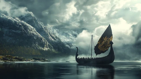 Viking longship under storm-lit fjord mountains, gold sigil sail