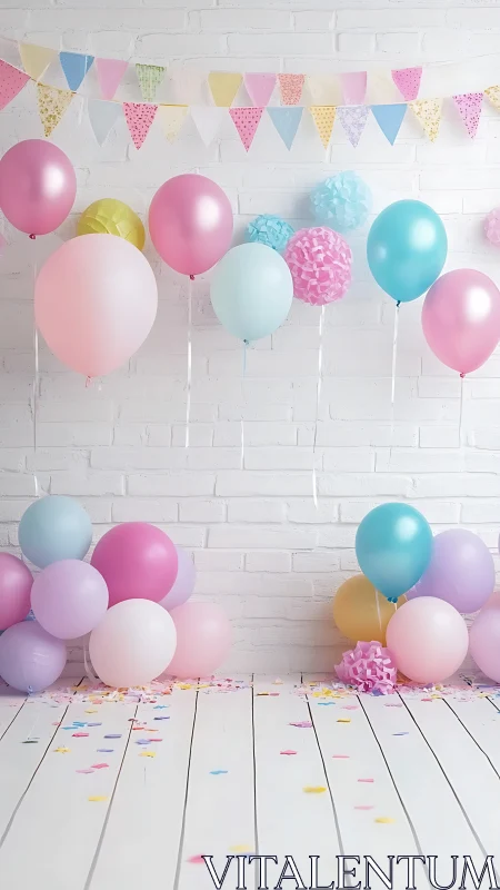 Party balloon arrangement against white brick wall backdrop.