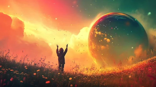 Surreal digital landscape with child silhouette and orbital sphere.