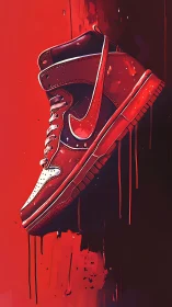 Red high-top sneaker illustration against bold backdrop.