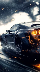 Rear-quarter racing coupe drifting on wet asphalt at speed