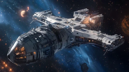 Heavily armored starship crosses luminous deep space field.