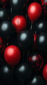 Red and Black Balloons Float in Ethereal Darkness